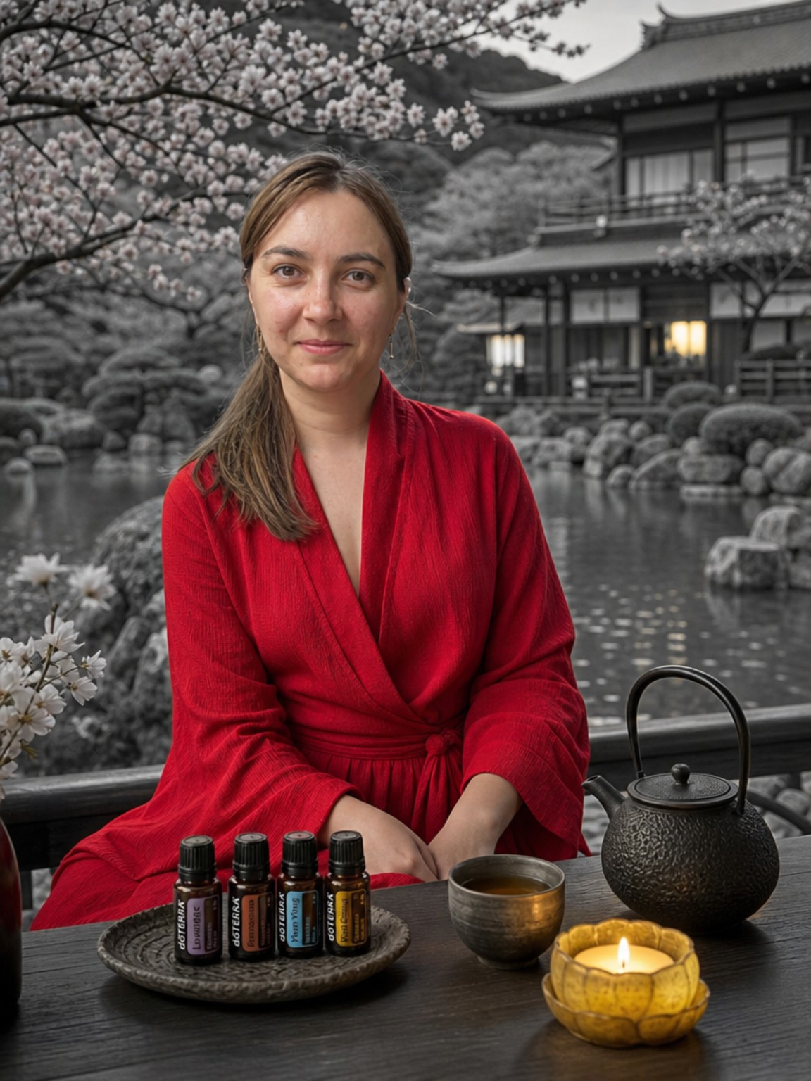 Iuliana in a serene garden with essential oils